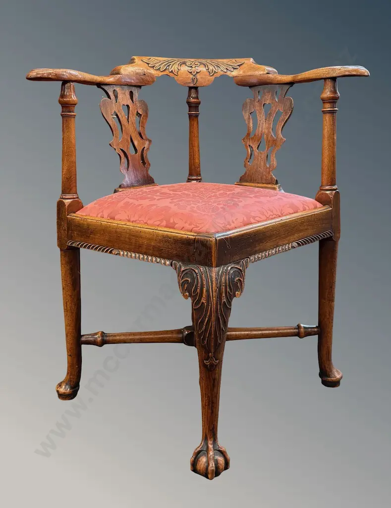 Elm Splat Back Corner Chair with Ball and Claw Foot and Upholstered Seat Image 1++