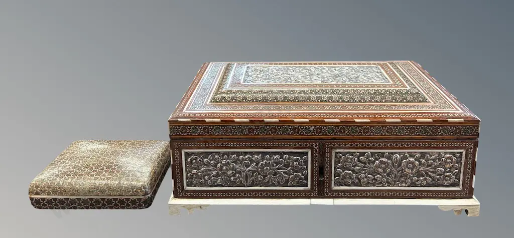 Bone & Micro-Mosaic Boxes the Larger with Silver Front & Central Panels, AF, H11xL30xD21cm, L10xW12.5xD3.5cm Image 1++