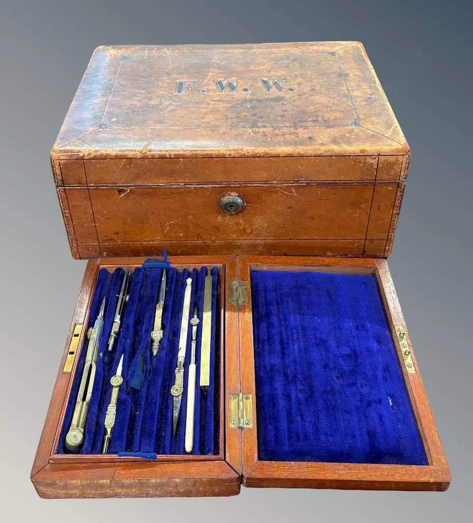 Leather Stationery Box and Wooden Cased Ivory & Brass Drafting Set Image 1++