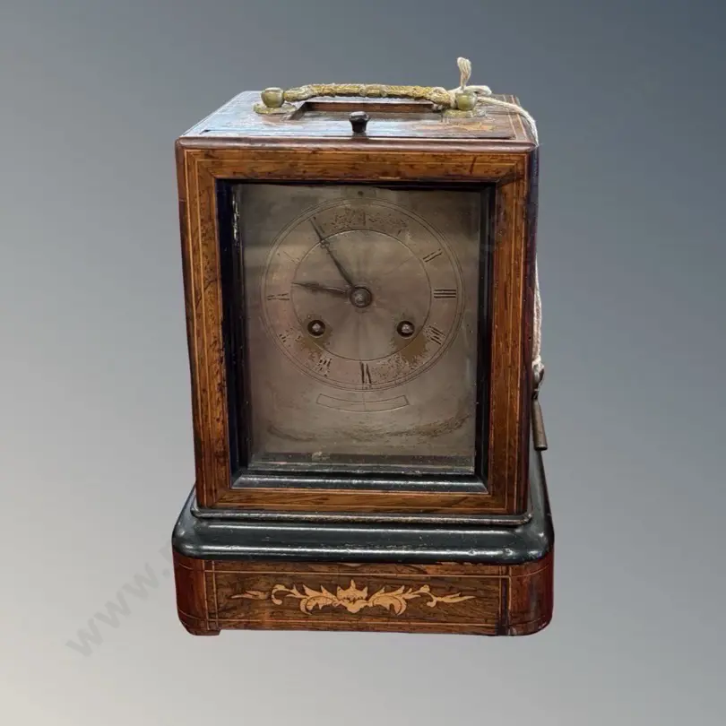 Ebonised & Mahogany Mantle Clock with Fruitwood Stringing and Floral Inlay, with Key, H20cm Image 1++