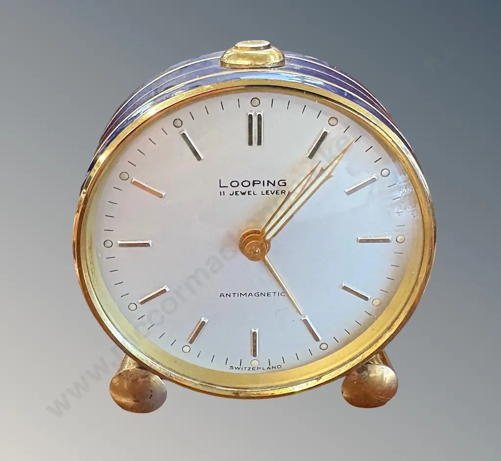 Looping Cobalt Blue Enamel and Brass Bedside Clock H6cm Image 1++