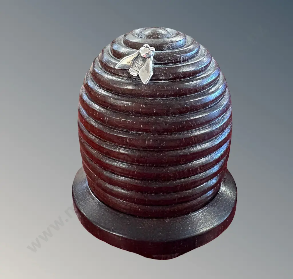 Treen Beehive with Silver Bee Bobbin Holder, H5cm Image 1++