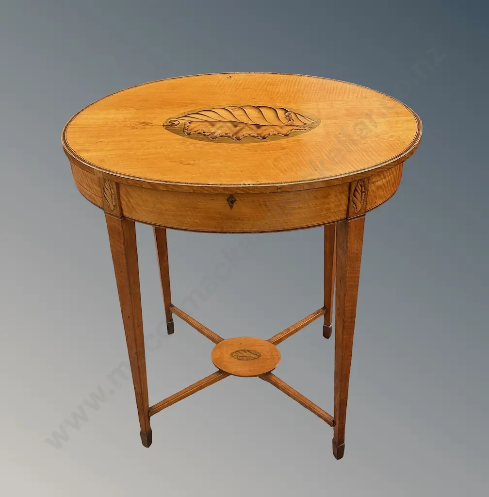 Oval Satinwood Cross Banded Occasional Table with Conch Shell Central Motif, L62xH74xD40cm Image 1++