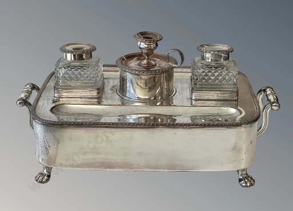 Silver Desk Set on Footed Base with Cut Crystal Inkwells, AF drawer, L37xD24xH19cm Image 1++