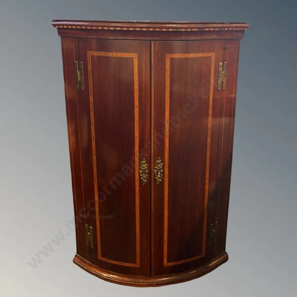 Mahogany Bow Fronted Two Drawer Corner Cabinet with Ebony and Fruitwood Inlay L70xH103xD47cm Image 1++