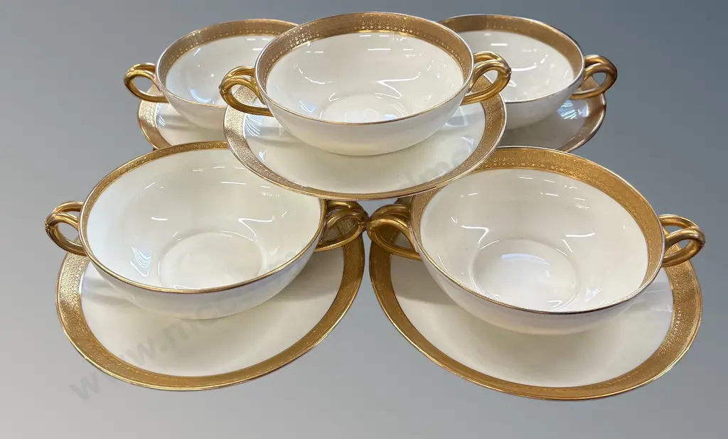 Royal Doulton Cream and Gilt Edged Soup Bowls and Under Plates, 10 piece Image 1++