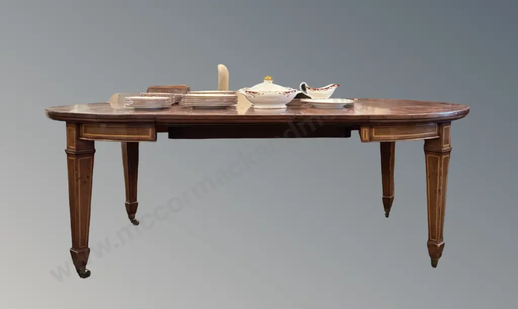 Mahogany D End Dining Table with Fruitwood & Ebony Stringing on Tapered Legs & Brass Castors, Two Leaves L210xH73xD122cm Image 1++