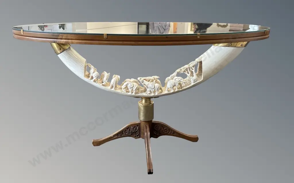 Carved Ivory Tusk Occasional Table with Gold Plated ends and Glass Top, H56.5xL107.5xW54.5cm Image 1++