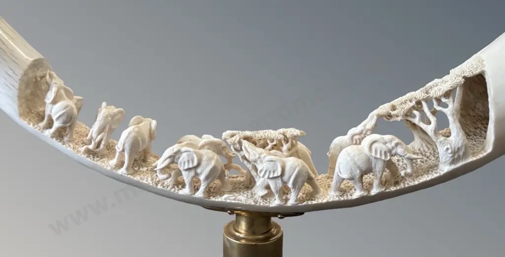 Carved Ivory Tusk Occasional Table with Gold Plated ends and Glass Top, H56.5xL107.5xW54.5cm Image 1++