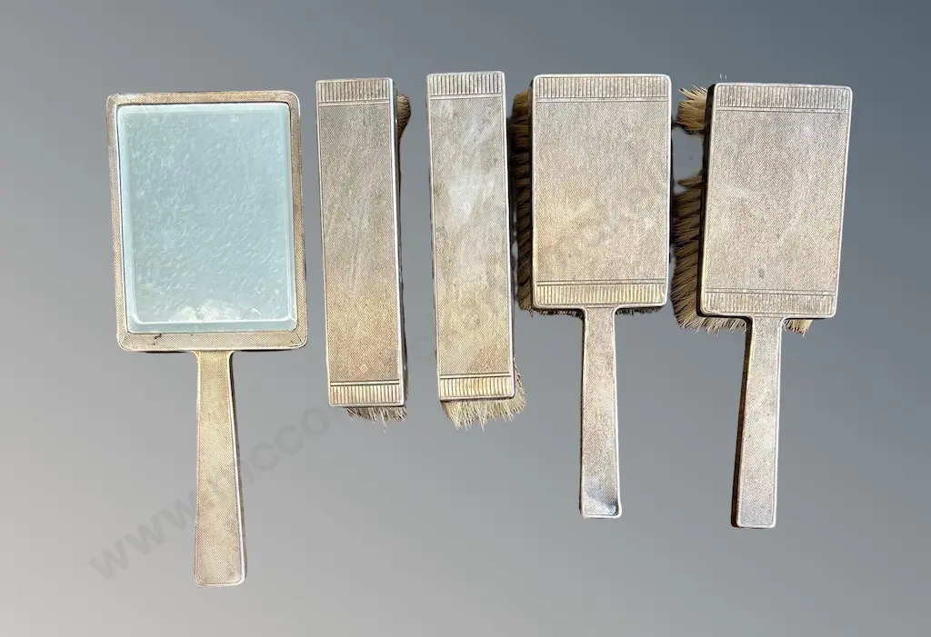 Sterling Silver Dressing Table Set, Mirror and 4 Brushes, TW788gms Image 1++