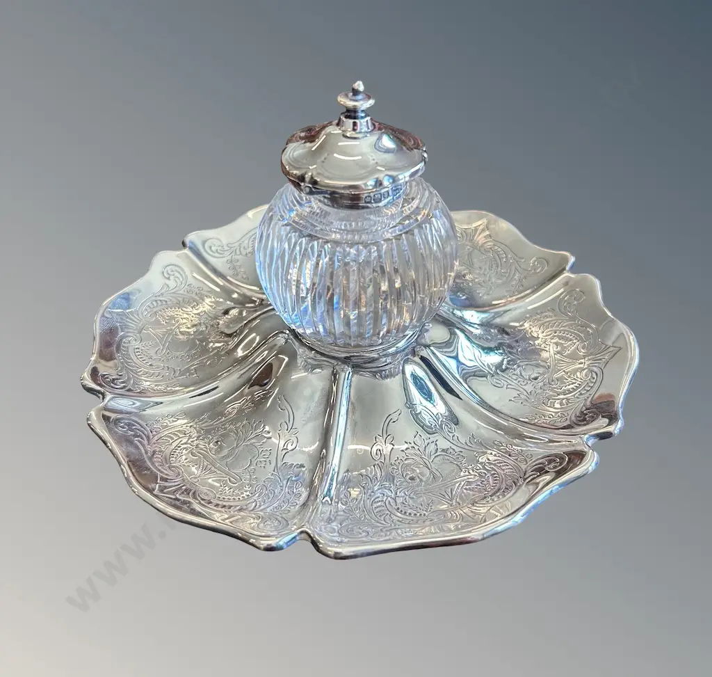 Sterling Silver Walker and Hall Scallop Edged Inkwell and Stand, TW454gms, S.S Tray TW145gms Image 1++