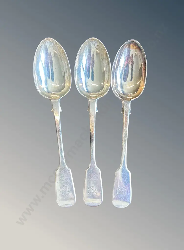 Three Sterling Silver Fiddleback Pattern Spoons, TW150gms Image 1++