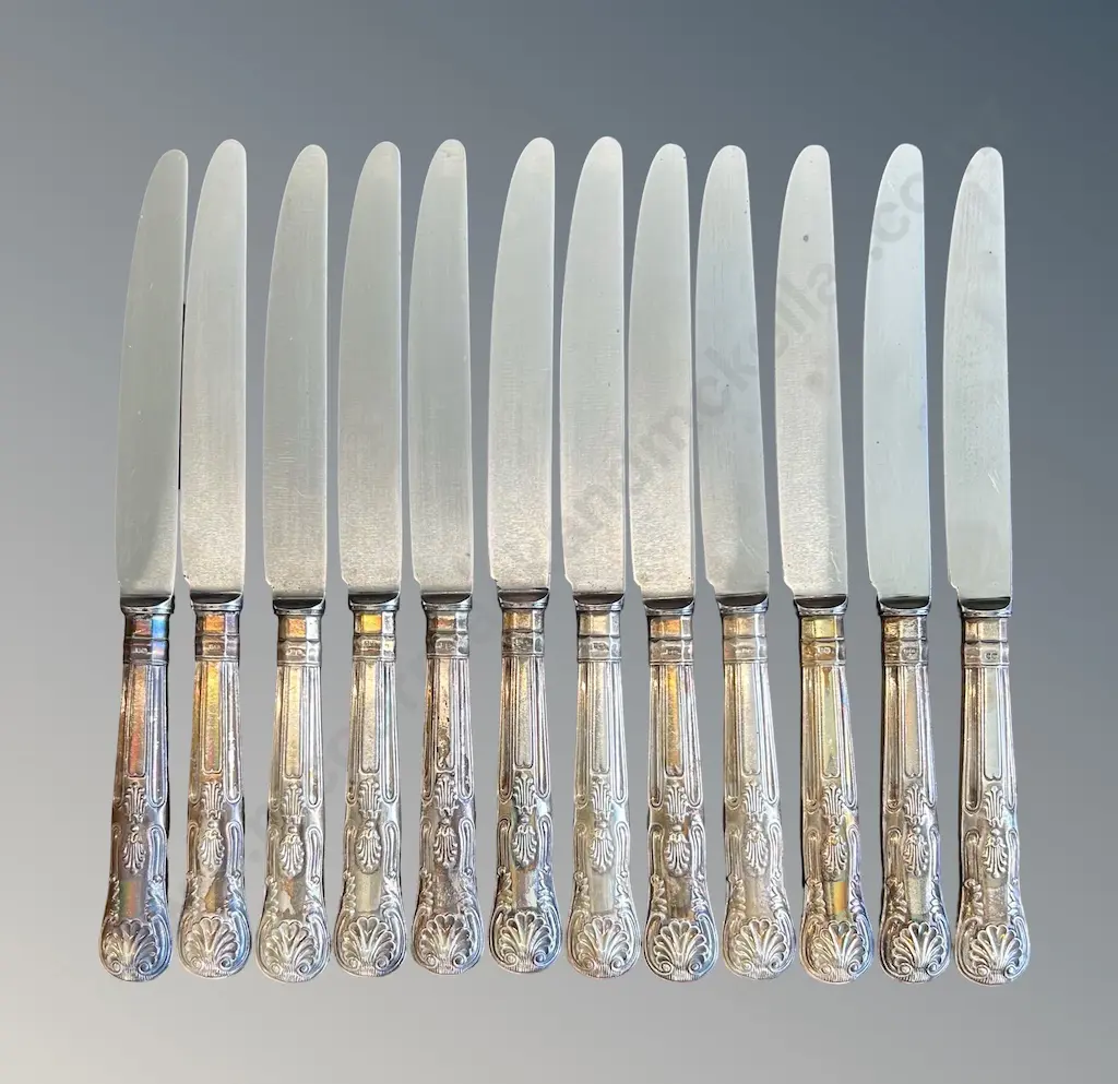 Set of 12 Kings Pattern Sterling Silver Handled Knives, TW727gms Image 1++