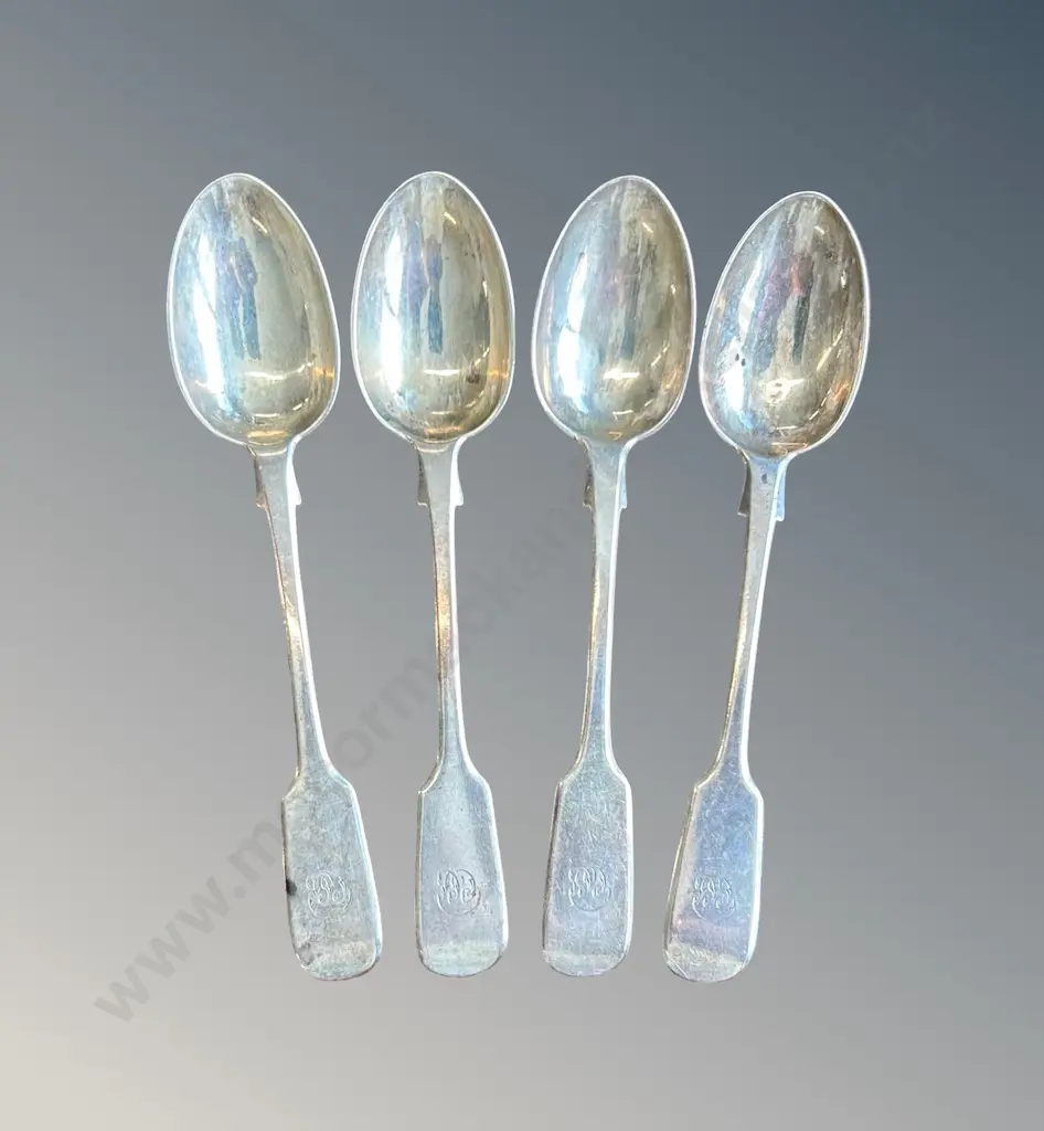 Four Sterling Silver Fiddleback Pattern Teaspoons, TW95gms Image 1++