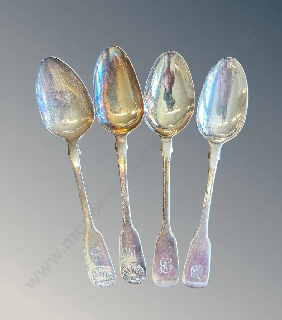 Four Sterling Silver Fiddleback Pattern Teaspoons, TW68gms Image 1++