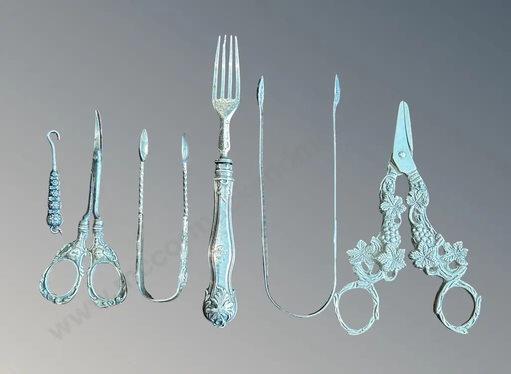 Sterling Silver Handled Manicure Scissors, Grape Scissors, Tongs, Fork and Boot Hook, TW164gms Image 1++