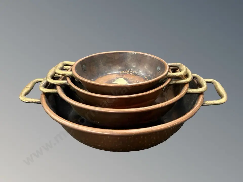 Set of 4 Copper and Brass Handled Graduated Pans Image 1++