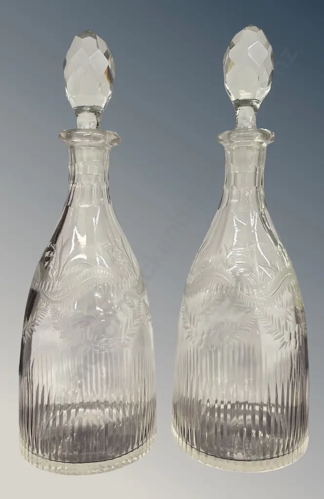 Pair Early Fern Etched Crystal Decanters H27cm Image 1++