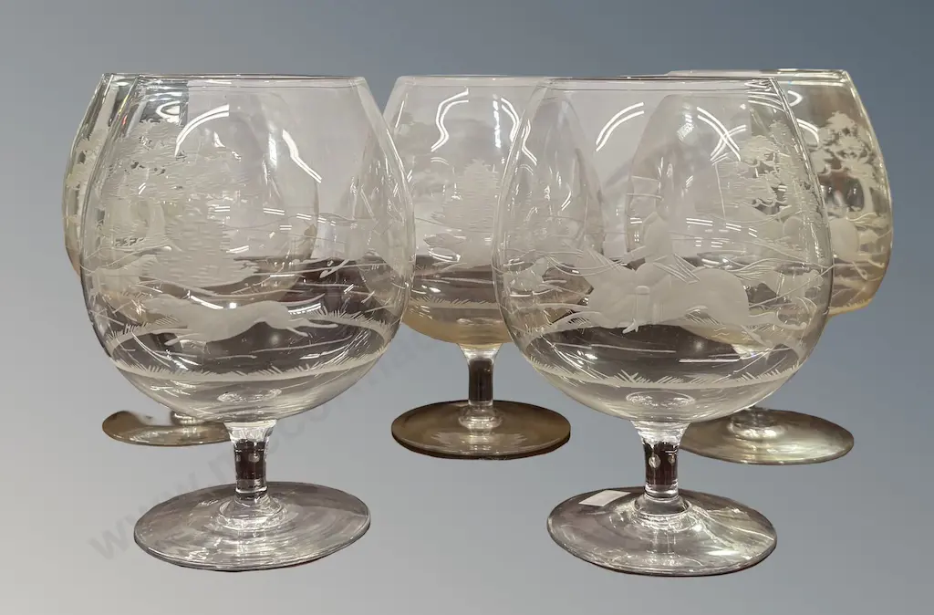Set of 5 Large Stemmed Crystal Etched Brandy Balloons - Hunting Scenes Image 1++