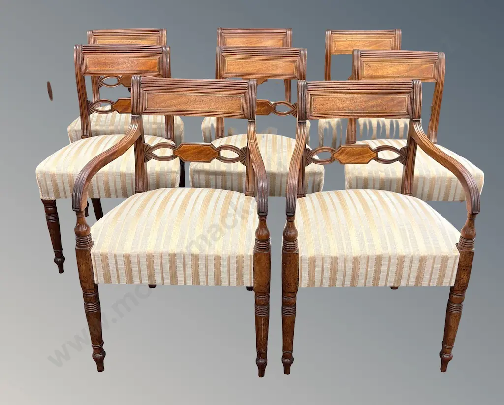 Six Mahogany Reeded Blade Back with Brass Stringing Dining Chairs Plus Two Matching Carvers Image 1++