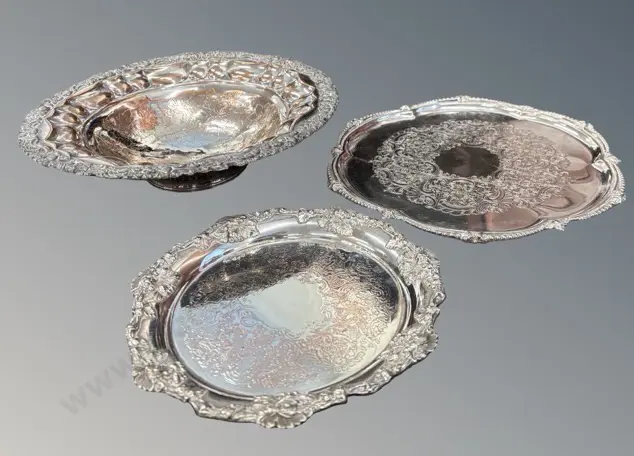 Ornate Silver Plate Footed Bowl with Pewter Edge and Two Trays Image 1++