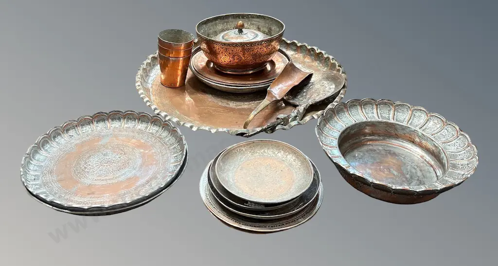 Collection of Middle Eastern Copper and Metal Plates, Bowls, Charger etc Image 1++