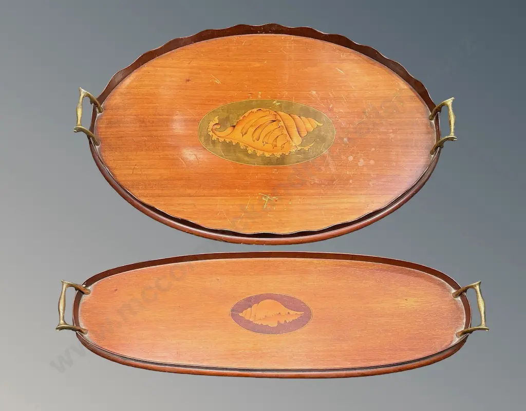 Two Mahogany and Brass Handled Serving Trays with a Central Conch Shell Marquetry Inlay, L28cm, L60cm Image 1++