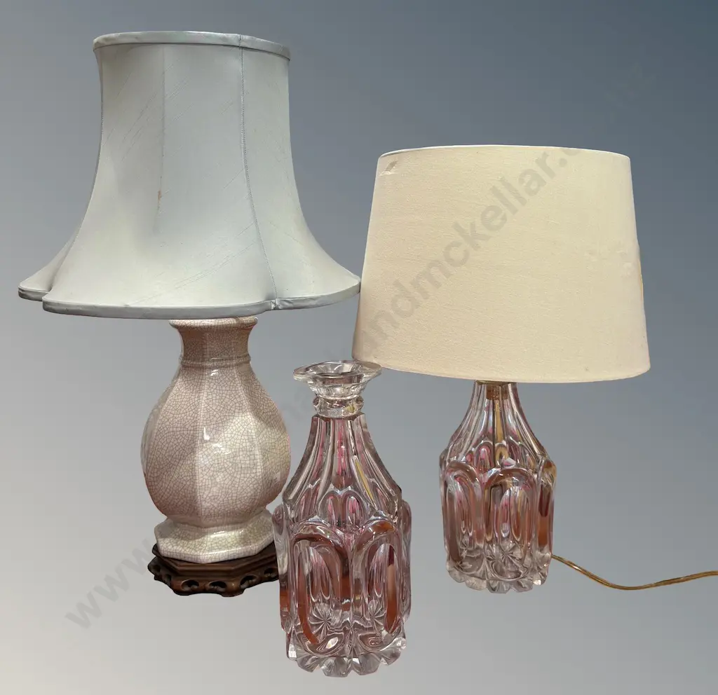 Crystal Decanter Table Lamp, Matching Crystal Lamp Base, and a Crackle Glaze Porcelain Lamp on Wooden Stand, H60x44cm Image 1++