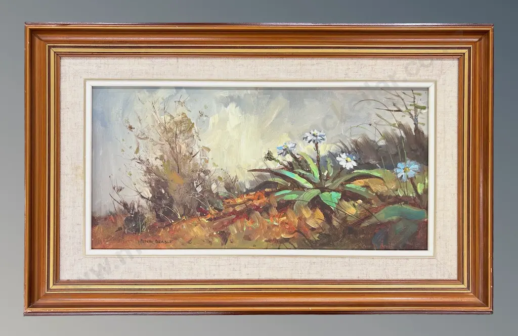 Peter Beadle - Mountain Daisies, Fiordland, oil on board, 240x490mm Image 1++
