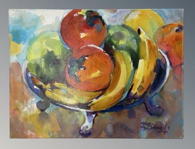 Robert McDowell - Fruit in a Steel Bowl, acrylic on canvas, 300x405mm Image 1++