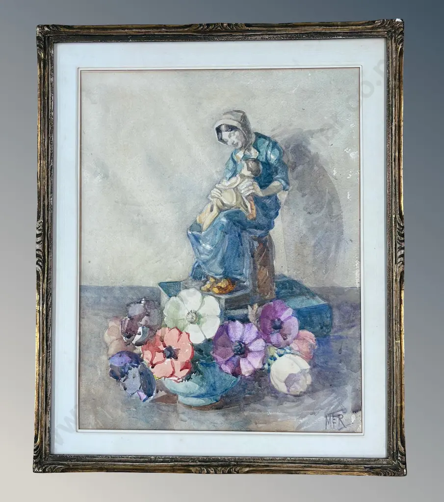 Margaret Rhodes(?) - Still Life Mother and Child Figure with Posy of Flowers, watercolour on paper, 450x350mm Image 1++
