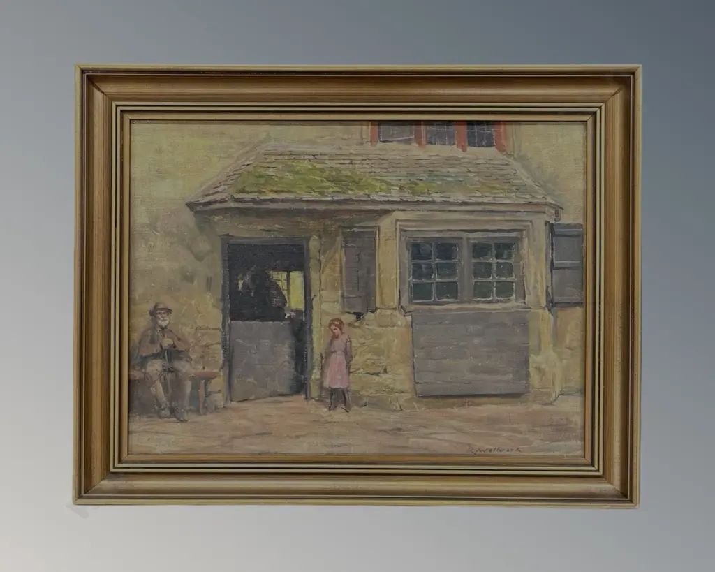 Richard Wallwork - Figures and Stables, oil on board, 280x390mm Image 1++