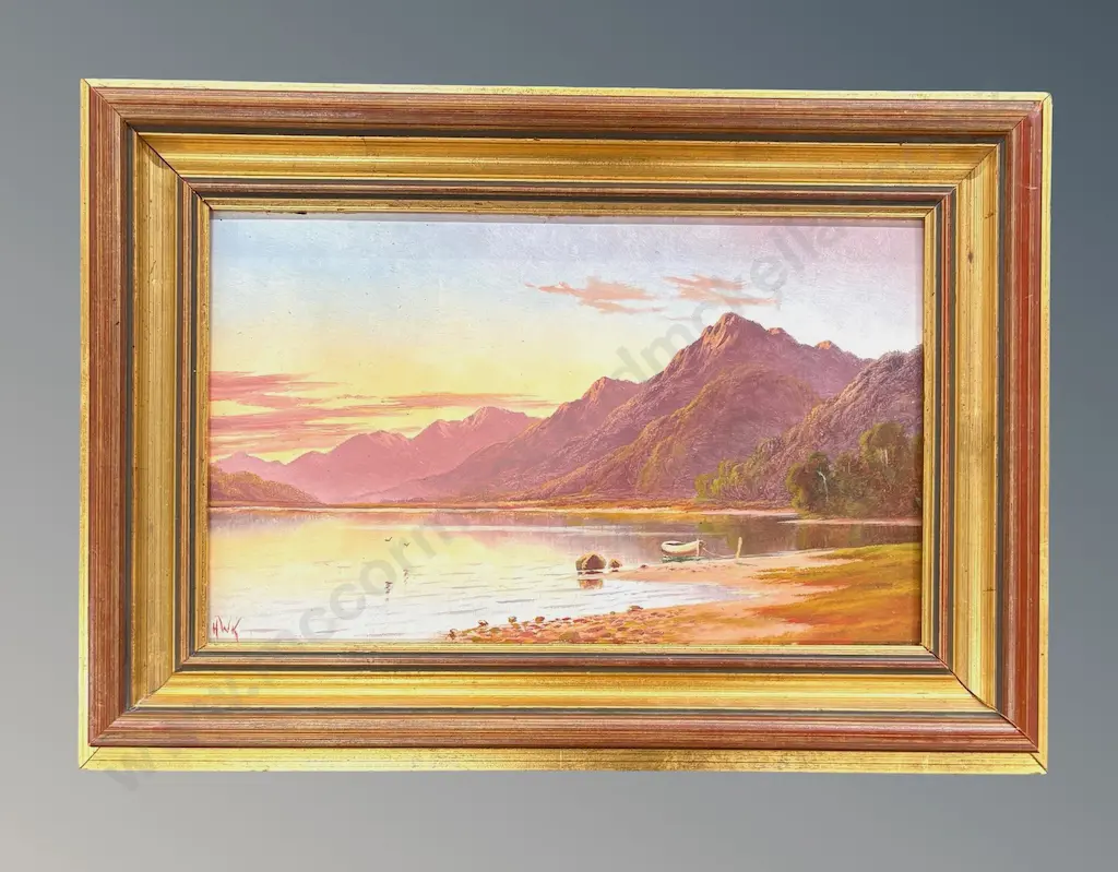 HW Kirkwood - Lake Te Anau, oil on board, 180x300mm Image 1++