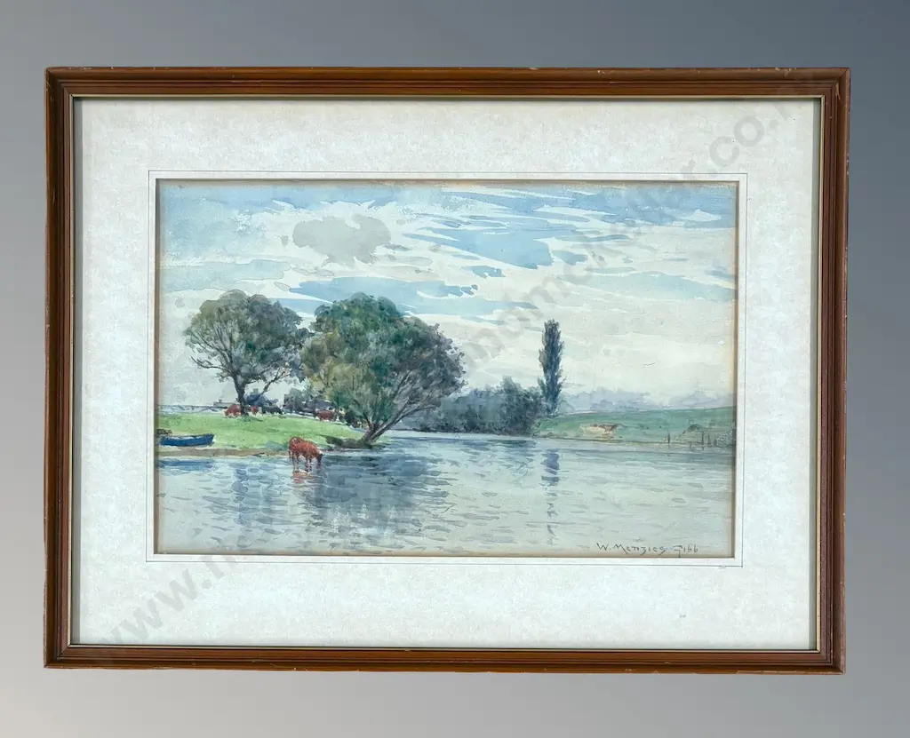 W Menzies Gibb - Cows at the Riverside, watercolour on paper, 170x260mm Image 1++
