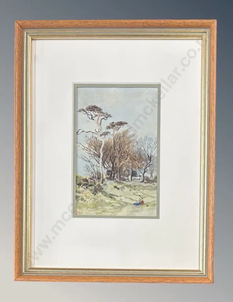 William Flemming Vallance - Woman in a Landscape Sewing, c1880, watercolour on paper, 155x100mm Image 1++