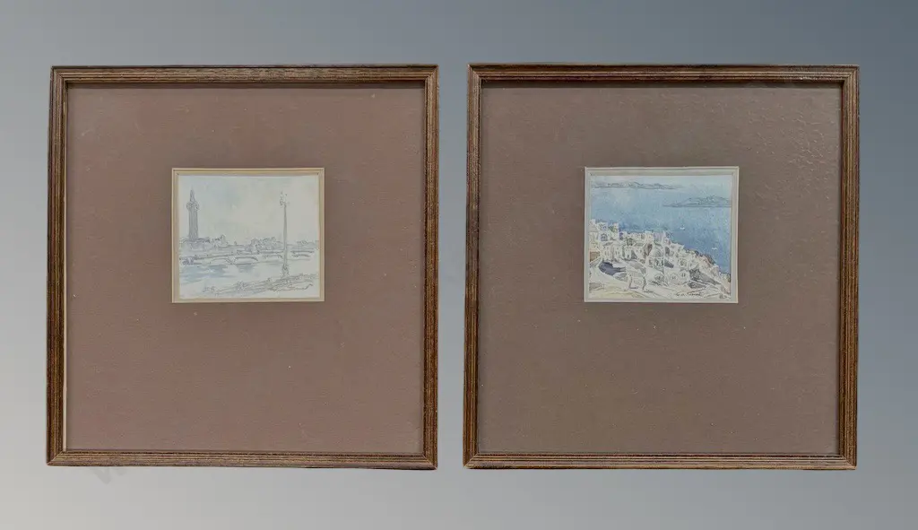 G A Genet - Florence, Italy & Santorini - watercolour on paper (2), 105x120mm (ea) Image 1++