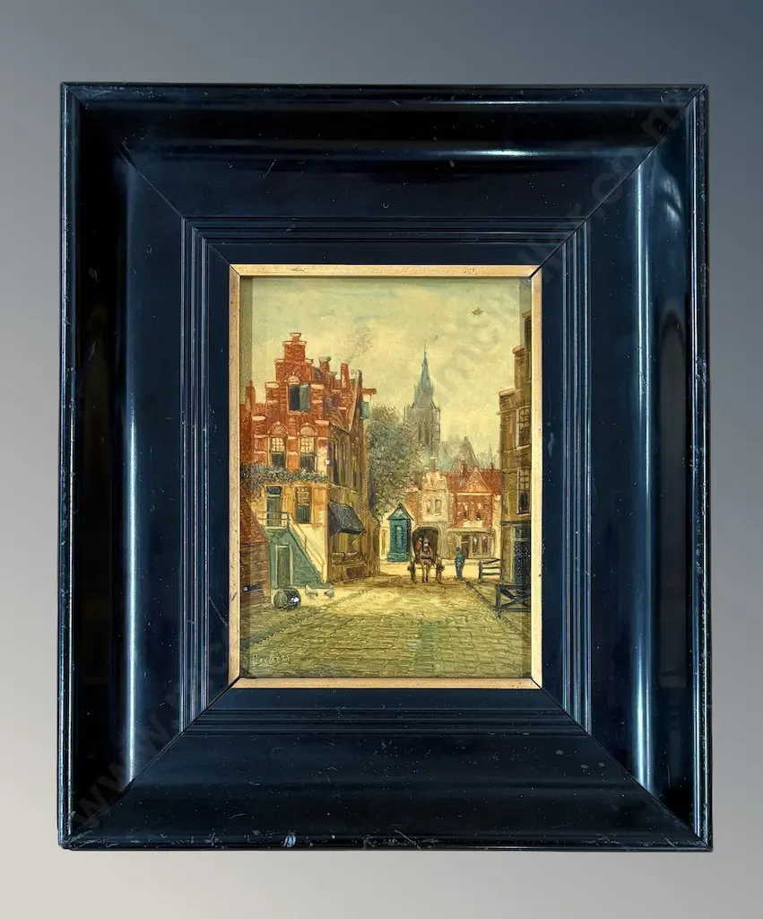 Johannes Reekers - Horse and Carriage Through Town, oil on panel, 185x135mm Image 1++