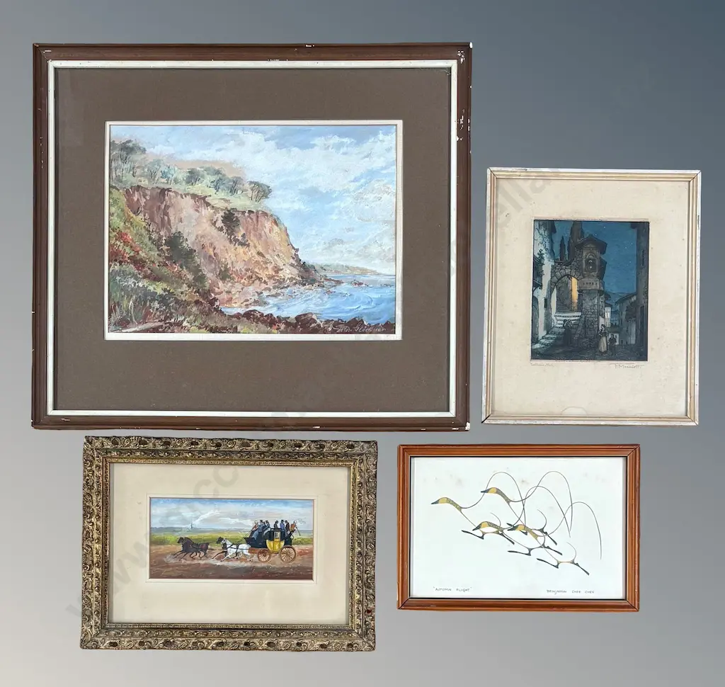 Collection of Works - Unsigned Horse Drawn Cart, oil, Signed cliffside Seascape, gouache, F Marriot etching, Benjamin Image 1++
