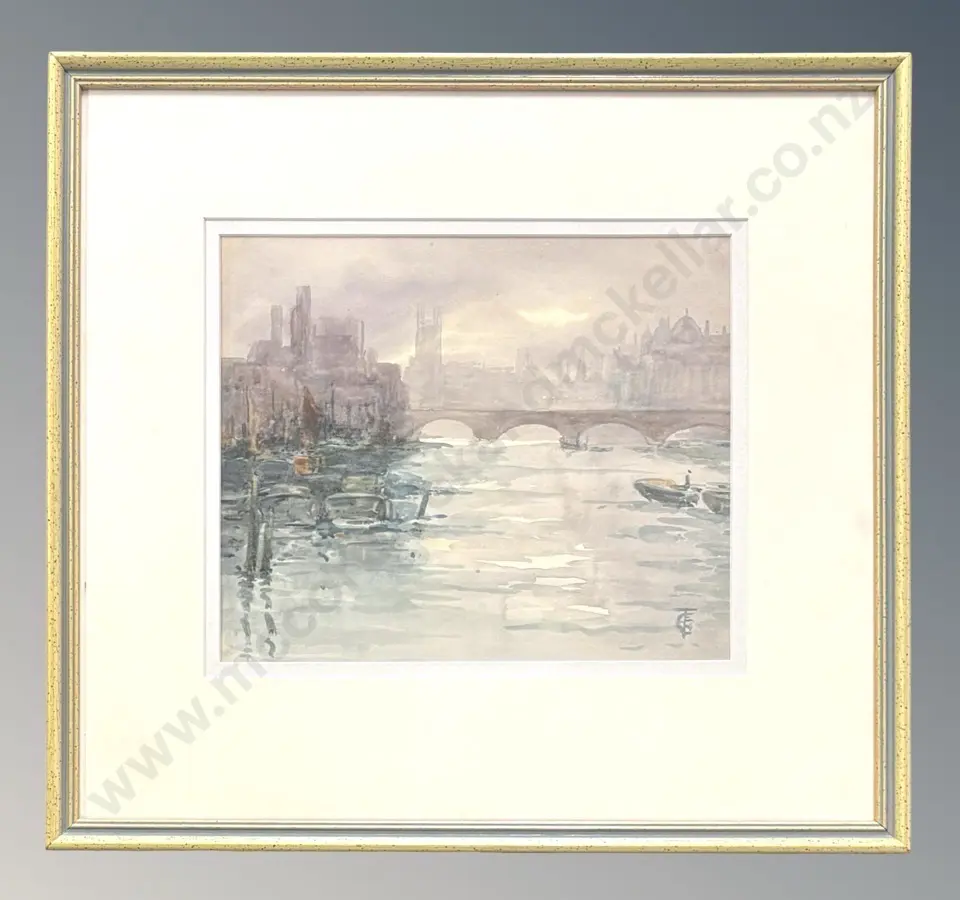 Signed bottom right - City and Bridge Scene, watercolour on paper, 190x230mm Image 1++