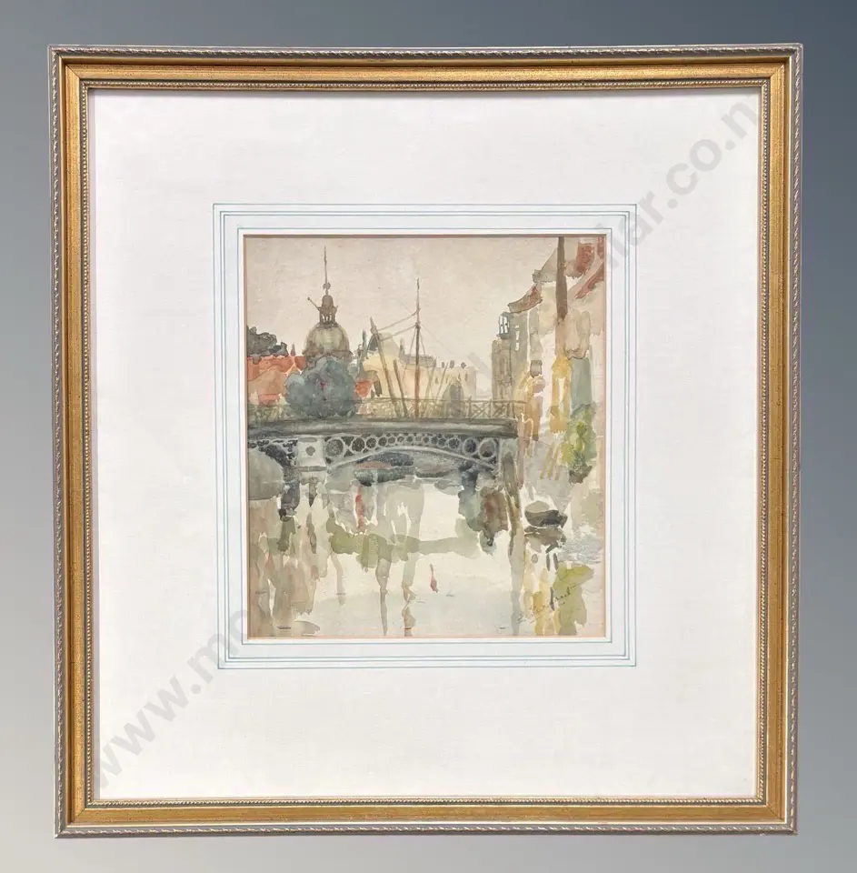 Signed bottom right - Bridge Scene, watercolour on paper, 240x215mm Image 1++