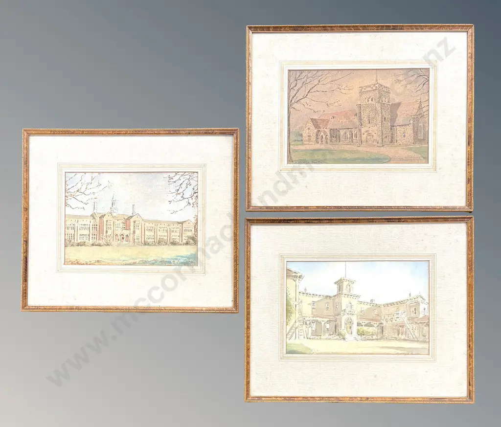 Cranleigh Barton (3) - Rue De La Grosse, Christchurch Boys High School and St Barnabas Church, watercolour on paper, Image 1++