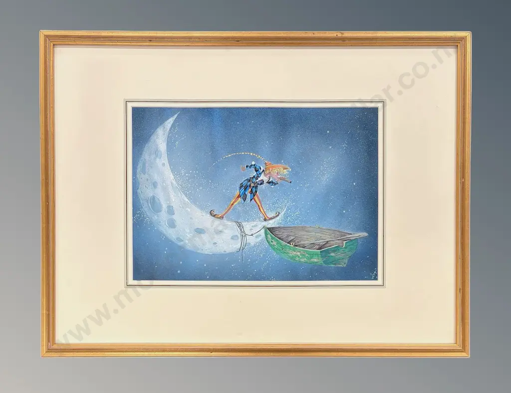 Francis Wainwright - Moored to the Moon, watercolour on paper, exhibited at the British Art of Illustration, 290x420mm Image 1++