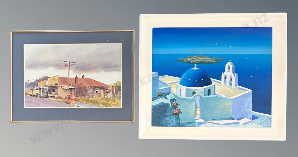 Signed - Santorini, oil on board, 500x600mm and W.A MacCormick - Phone Box Raurimu, 1976, print on paper, 320x500mm Image 1++