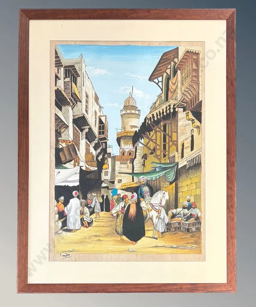 Signed - Middle Eastern Street Scene, gouache on papyrus, 790x570mm Image 1++