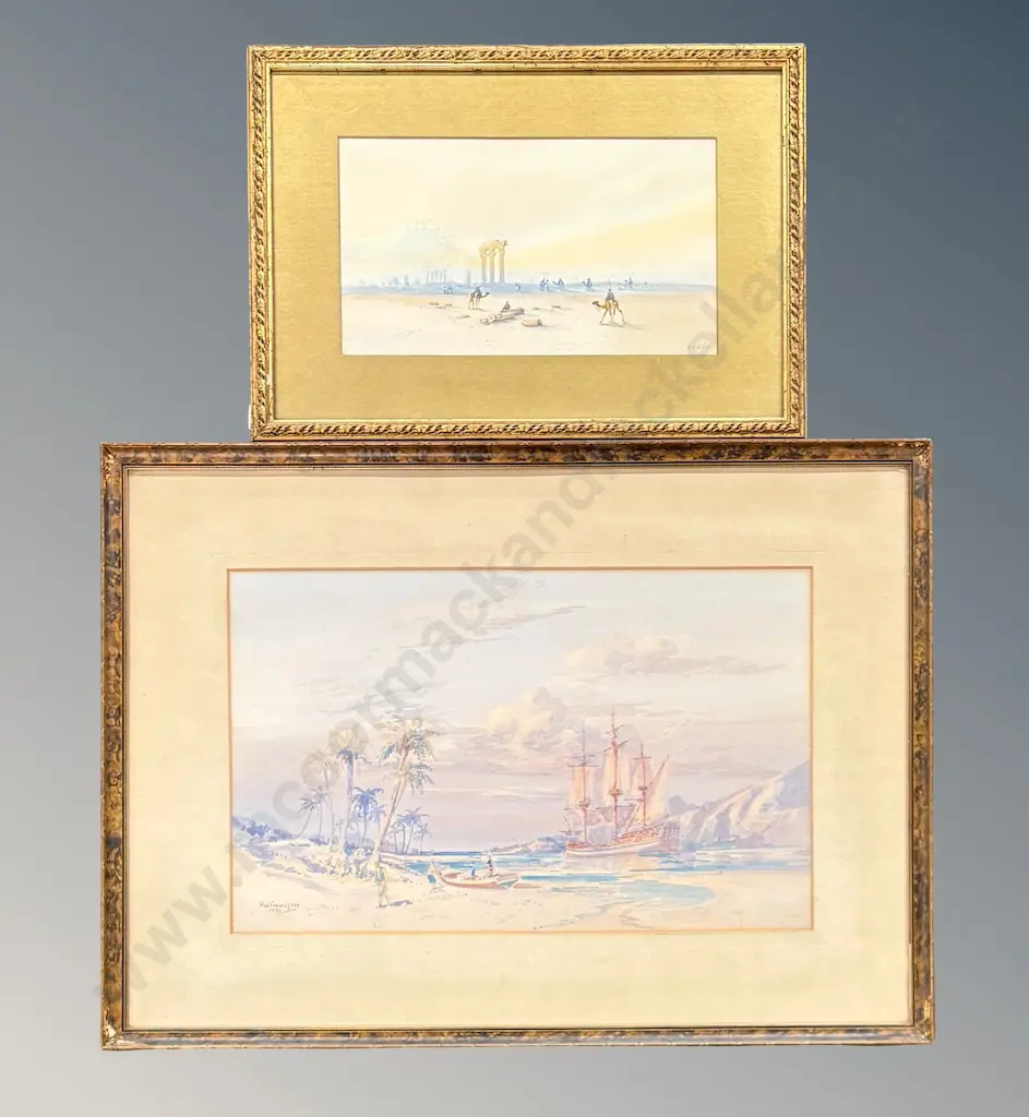 Rix Carlton - Sailing Ship in Harbour, watercolour on paper, 270x440mm & signed - camels in desert, watercolour on paper Image 1++