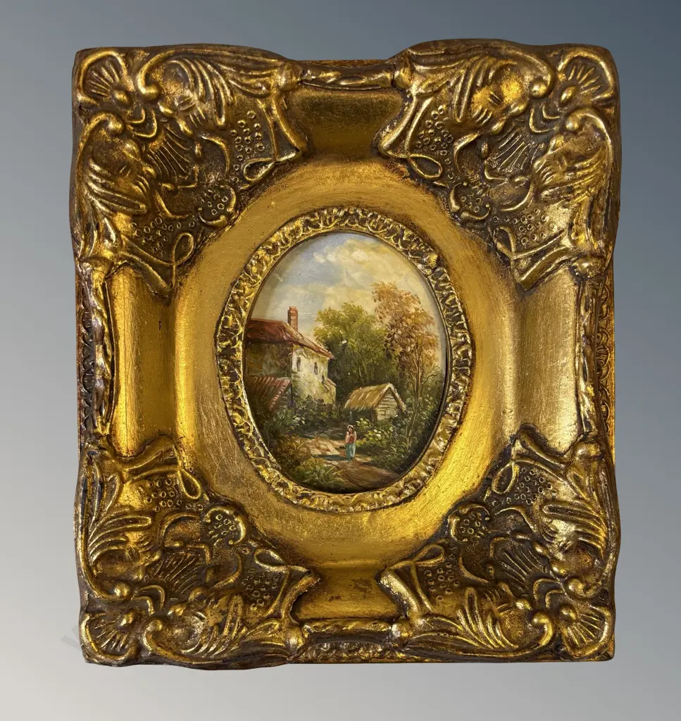 Ornate Gilt Framed Miniature Oil, 20x18cm Image 1++