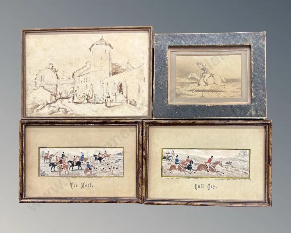 Pair of Embroidered Hunting Miniatures - Full Cry and the Meet and Leather Framed Print - The Hunter Image 1++