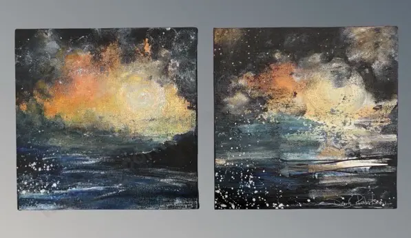 Darryl Robertson - Abstract Sun over Water, oil on board (pair), 200x200mm ea Image 1++