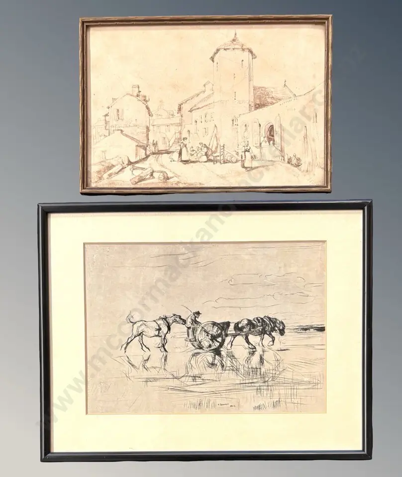 E Blamfield - Horse and Carriage and Unsigned Village Scene Image 1++