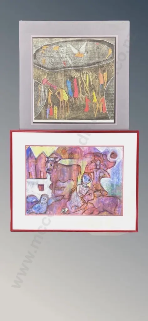 Ellinore Ginn - Barn Fire,1994, gouache on paper, 410x580mm & Penny Ormerod - The Uninvited Guest, AP on paper, 500x490m Image 1++